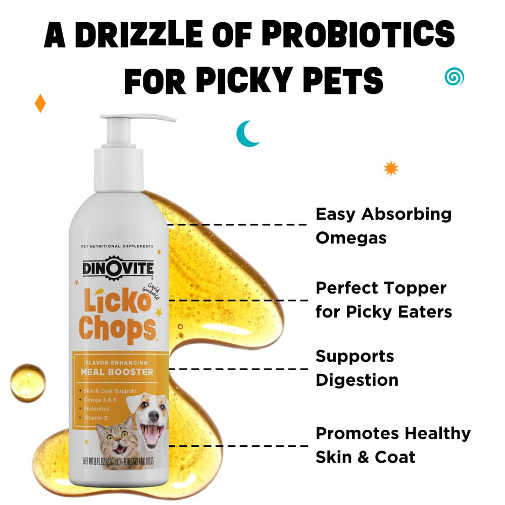 Dinovite Lickochops omega 3 6 label highlights essential fatty acids
