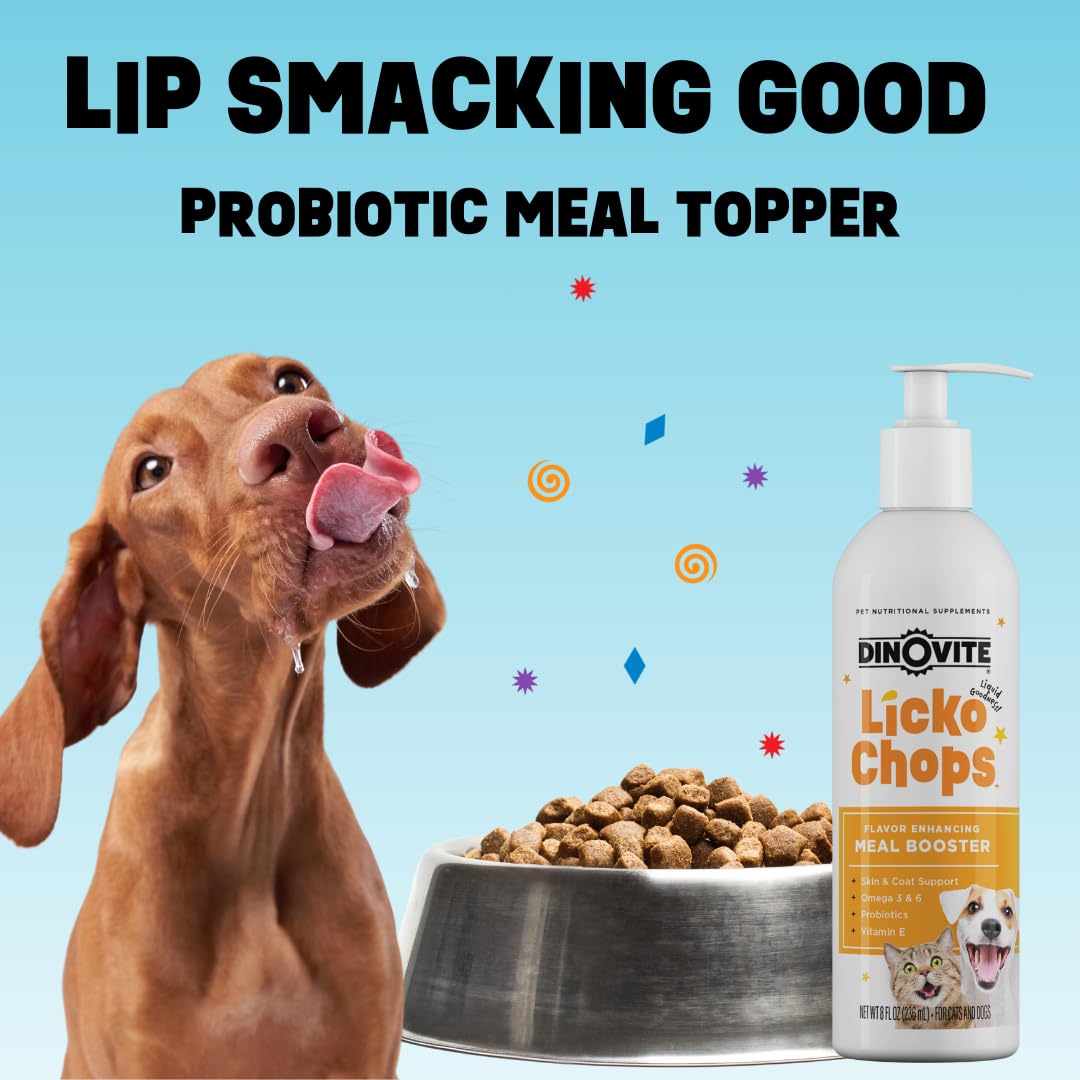 Dinovite Lickochops probiotics visual emphasizes gut balance support