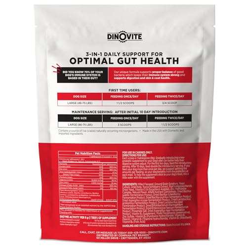 Dinovite probiotic dogs tub and label show ingredient highlights for digestion and skin care