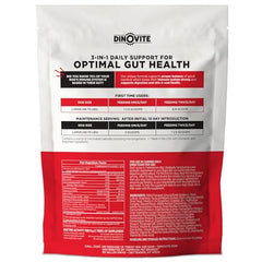 Dinovite probiotic dogs tub and label show ingredient highlights for digestion and skin care