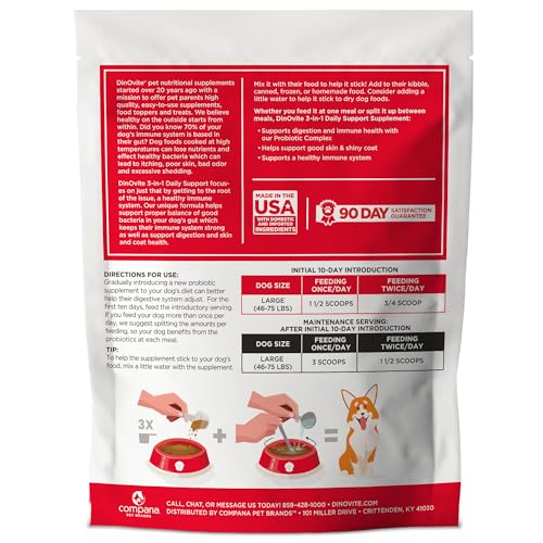 Dinovite probiotic supplement for dogs bottle pour demonstrates easy daily dosing.
