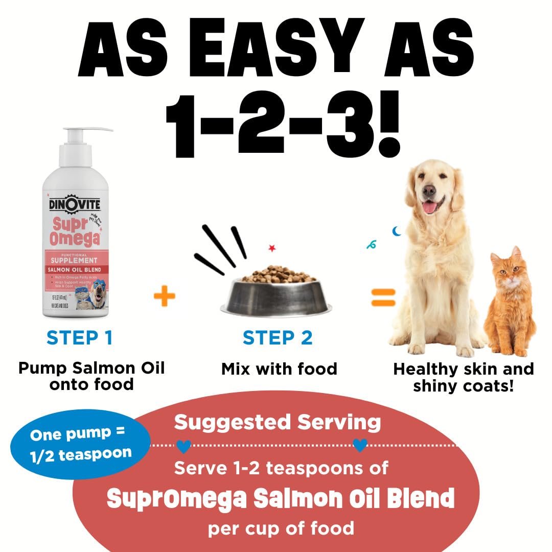 Dinovite SuprOmega dog and cat meal topper in use on food.
