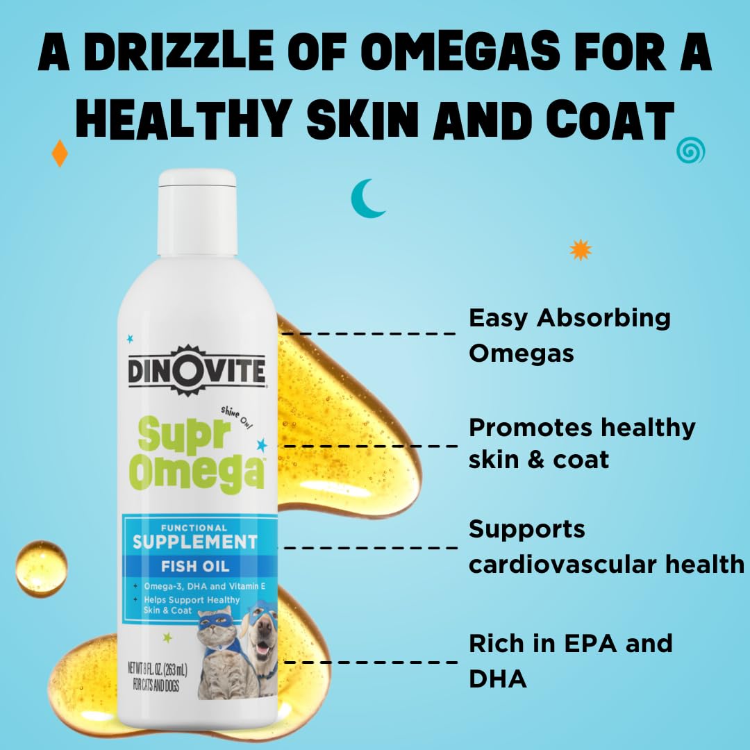 Dinovite SuprOmega fish oil pour into food demonstrates easy topping use.