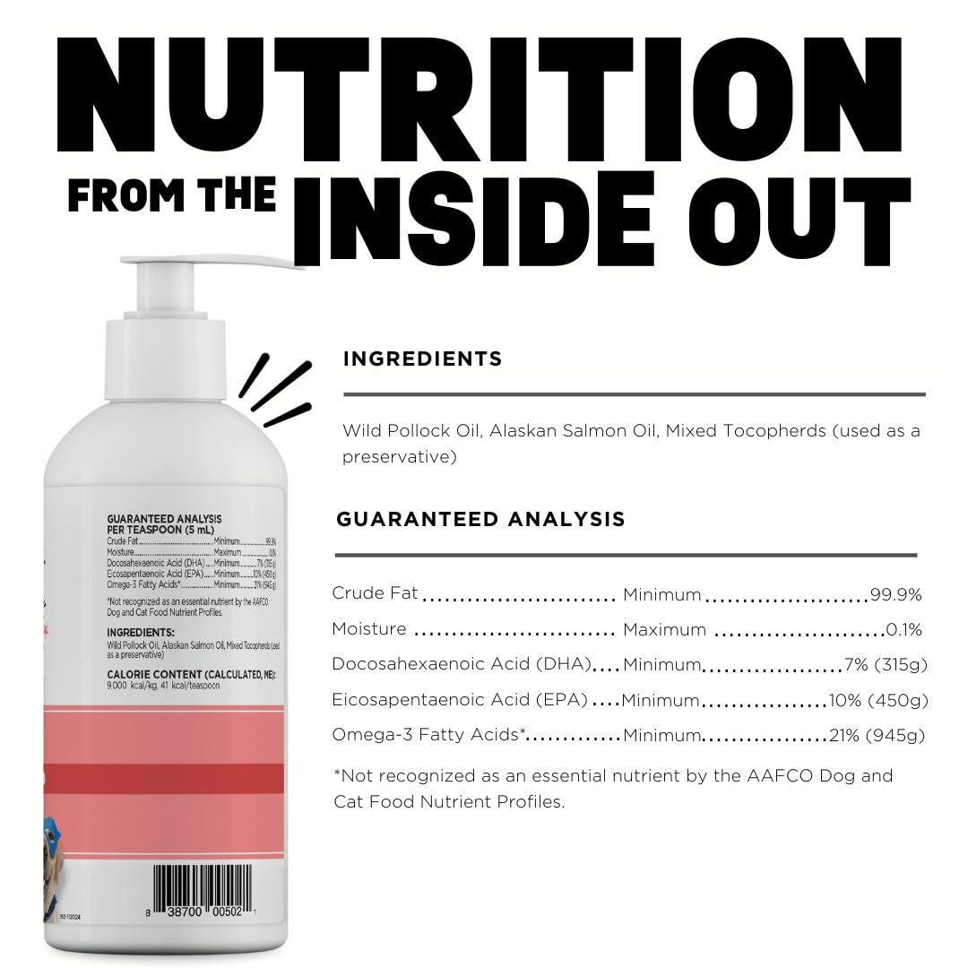 Dinovite SuprOmega label close-up highlighting GMO-free wild salmon origin.