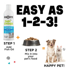 Dinovite SuprOmega meal topper on cat bowl illustrates versatile pet nutrition topper.
