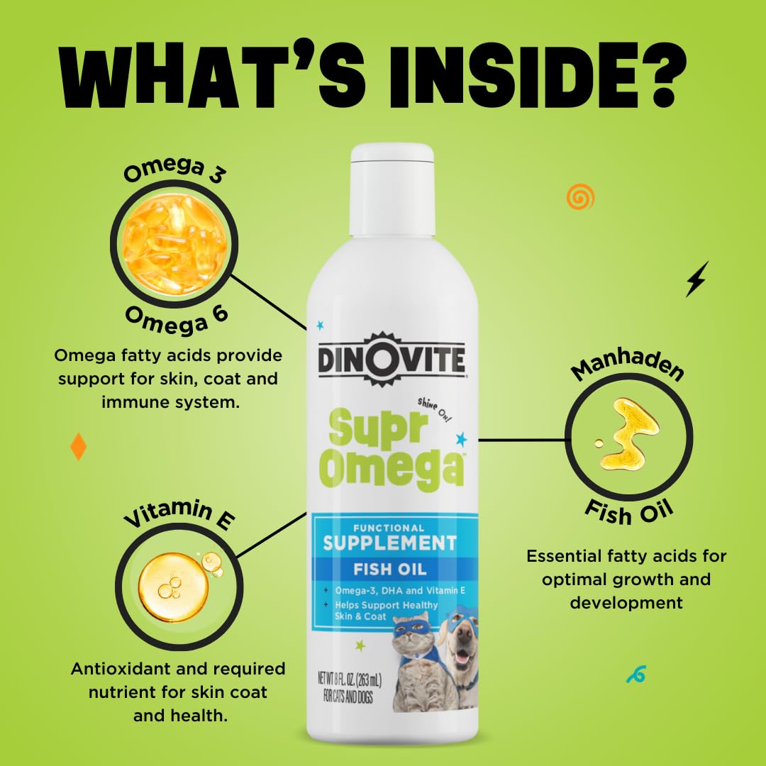Dinovite SuprOmega meal topper on dog bowl shows effortless mixing.
