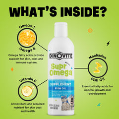 Dinovite SuprOmega meal topper on dog bowl shows effortless mixing.
