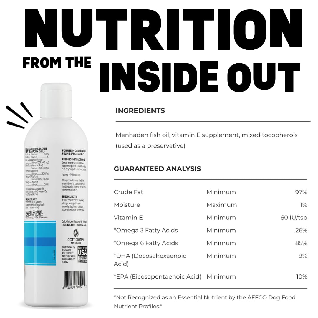 Dinovite SuprOmega omega-3 EPA/DHA focus signals essential fatty acids support.