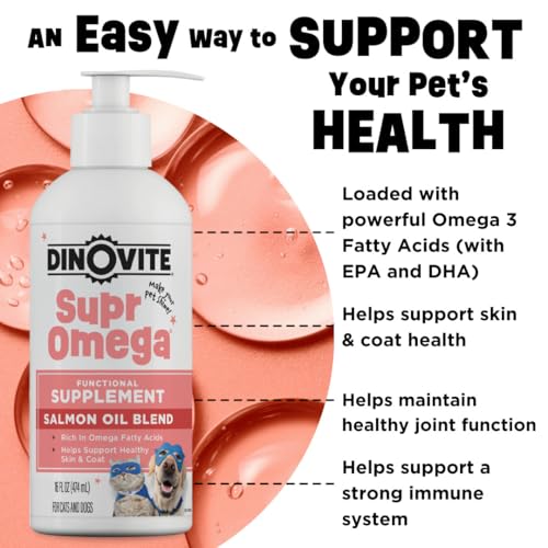 Dinovite SuprOmega pour-top dispenser showing easy dosing and mess-free use.