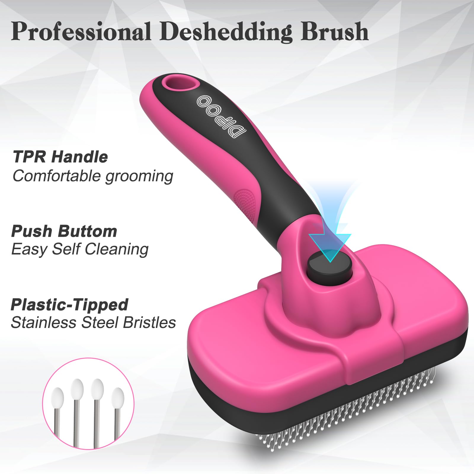 Dipoo deshedding brush release button shows effortless fur release for faster grooming.