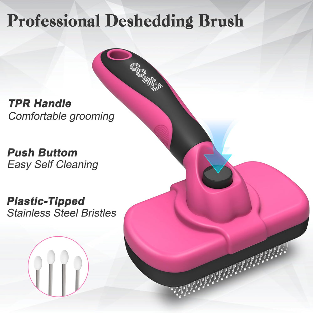 Dipoo deshedding brush release button shows effortless fur release for faster grooming.