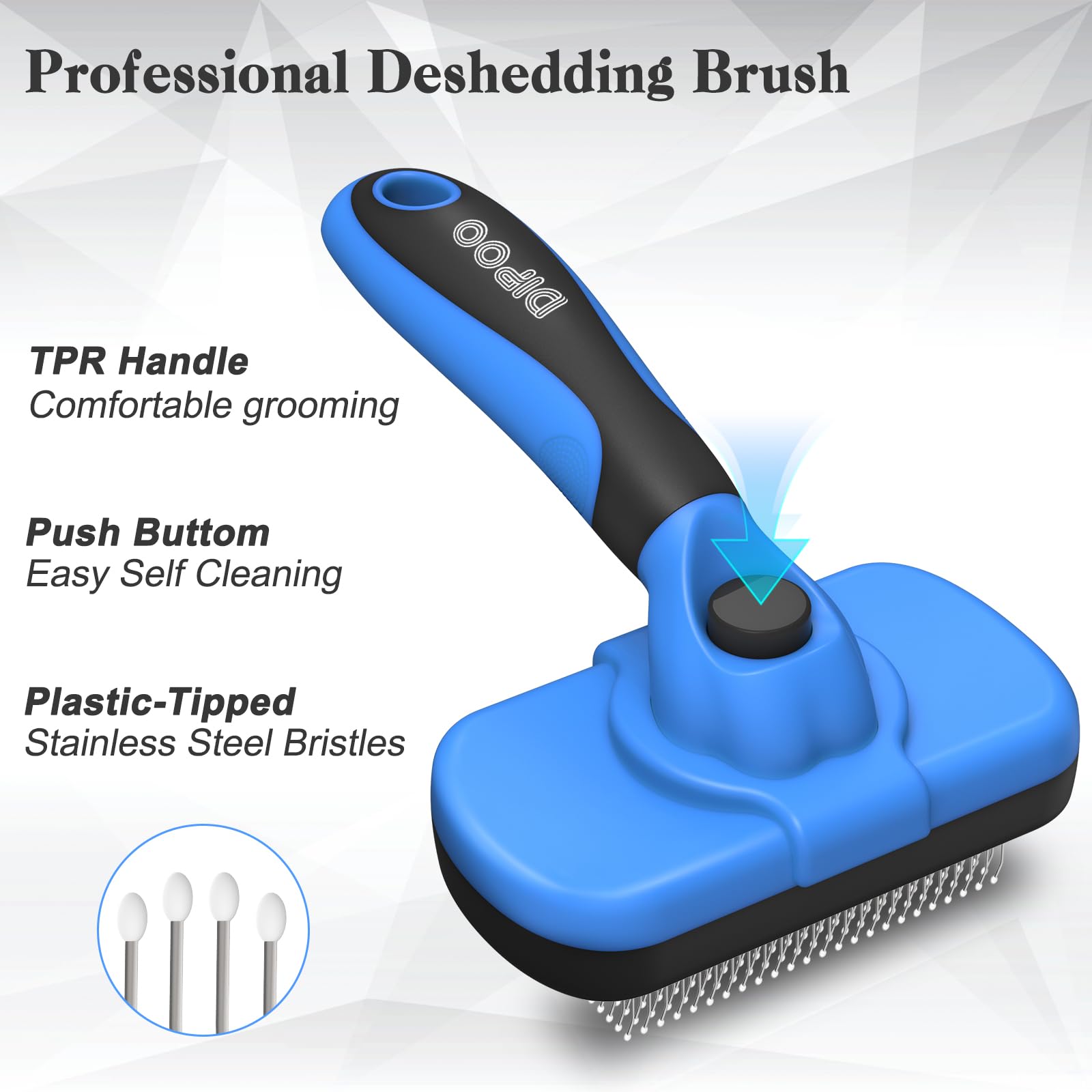 Dipoo self-cleaning brush release button closeup showing easy fur cleanup.