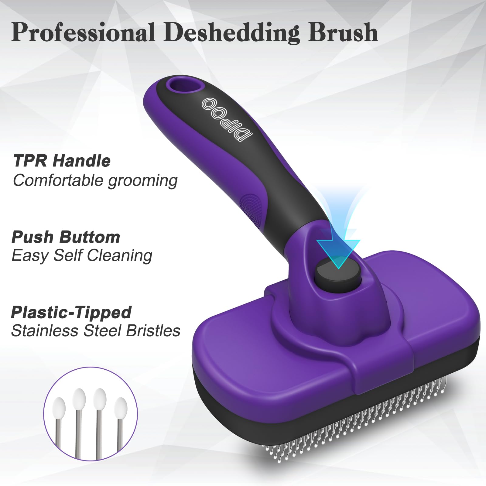 Dipoo brush release button image showing quick fur disposal.