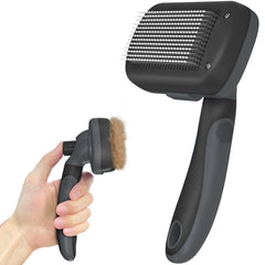 Dipoo self-cleaning deshedding brush closeup highlights skin-friendly bristles for gentle grooming.