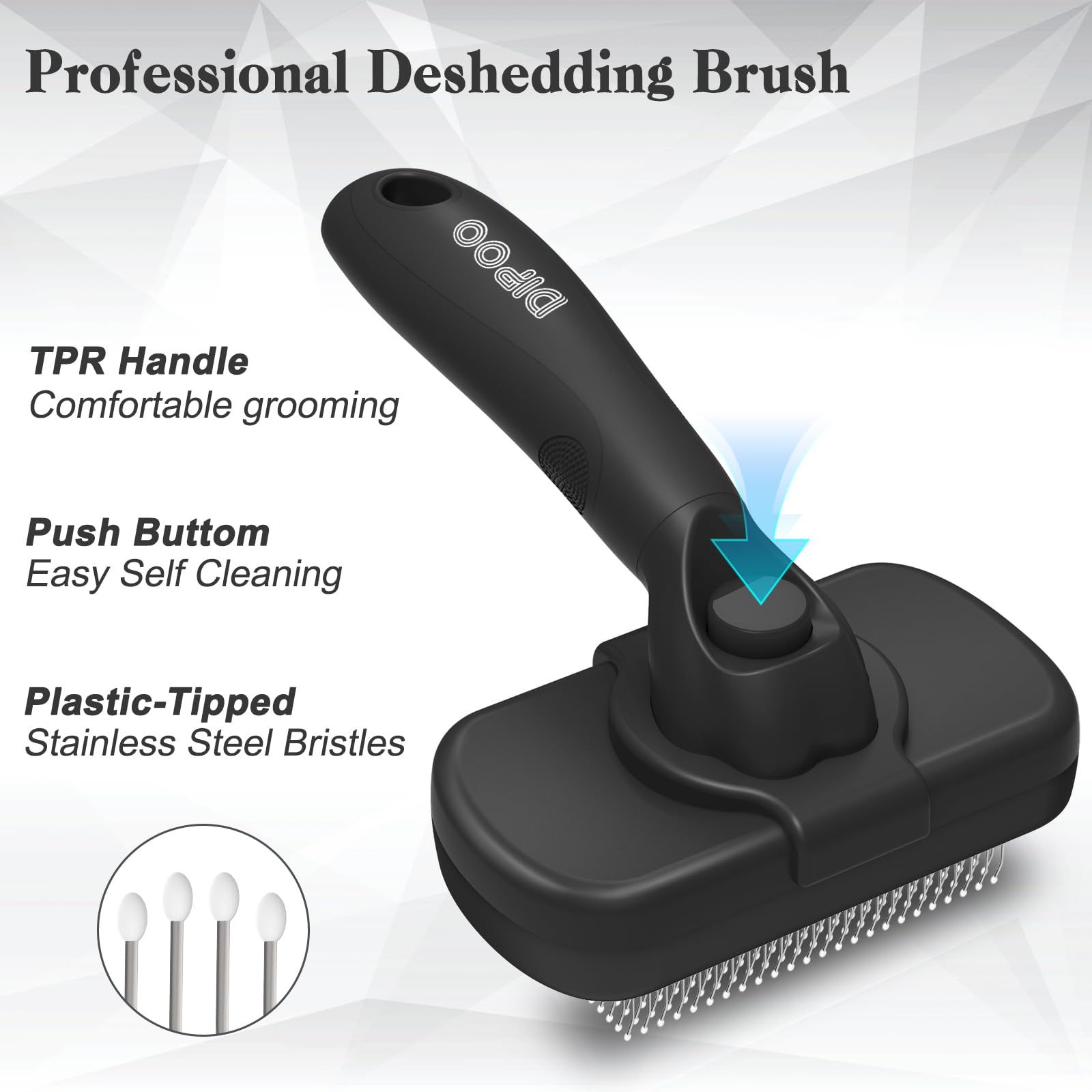 Dipoo self-cleaning shedding brush release button demonstrates quick fur release for faster grooming.