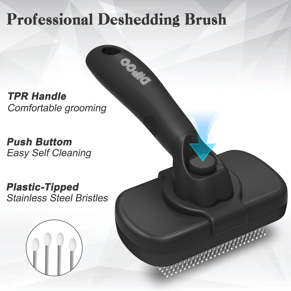 Dipoo self-cleaning shedding brush release button demonstrates quick fur release for faster grooming.