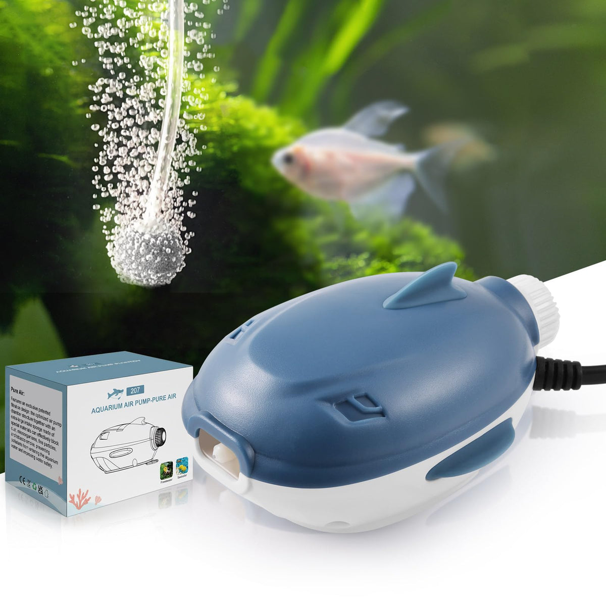 Dirvin 2W Silent air pump front view with whale design for quiet tank aeration.