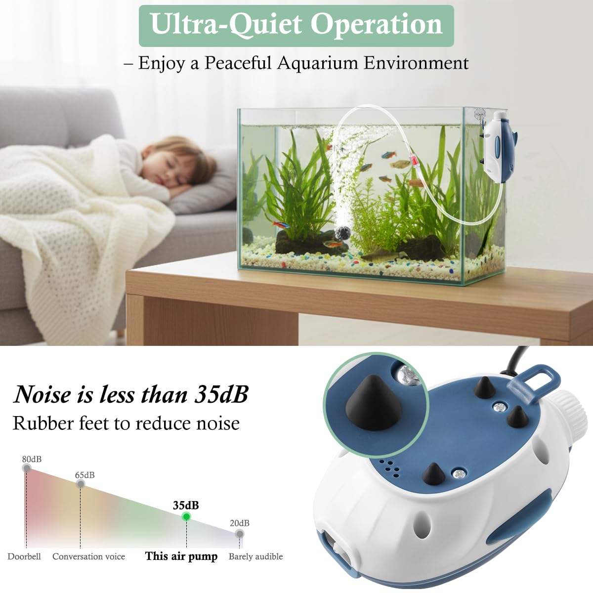 Dirvin whale-design air pump shown in aquarium decor for reliable oxygenation assistance.