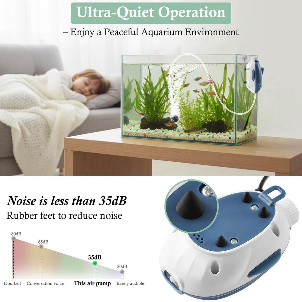 Dirvin whale-design air pump shown in aquarium decor for reliable oxygenation assistance.