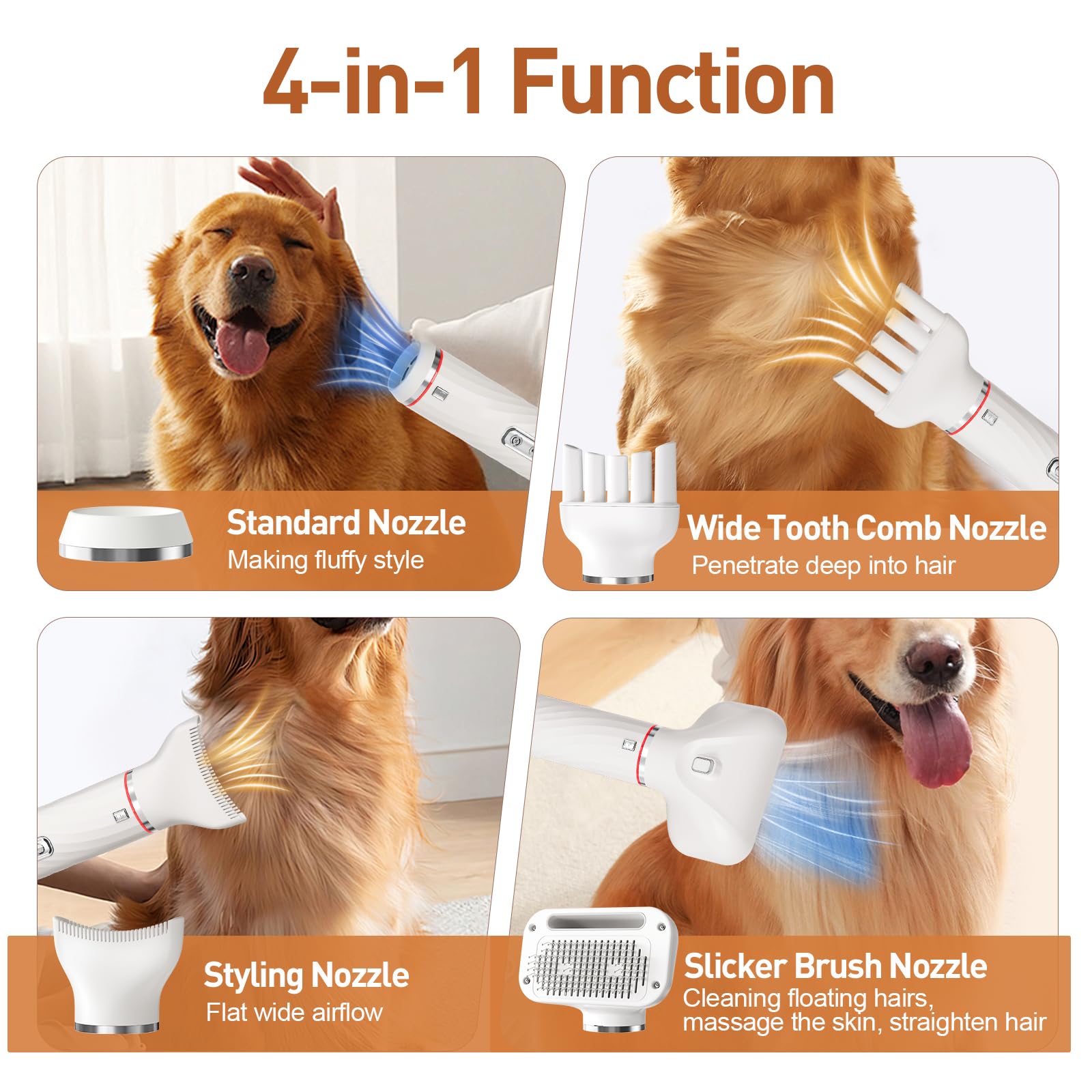 Discala dog dryer temperature-control feature allows cool to hot air for coat comfort.