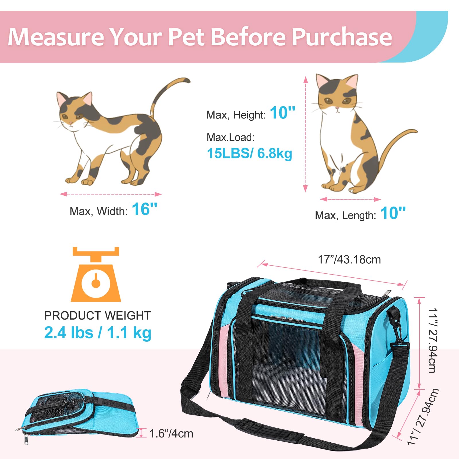 Discala soft-sided-pet-carrier blue-pink close-up pad enhances pet comfort