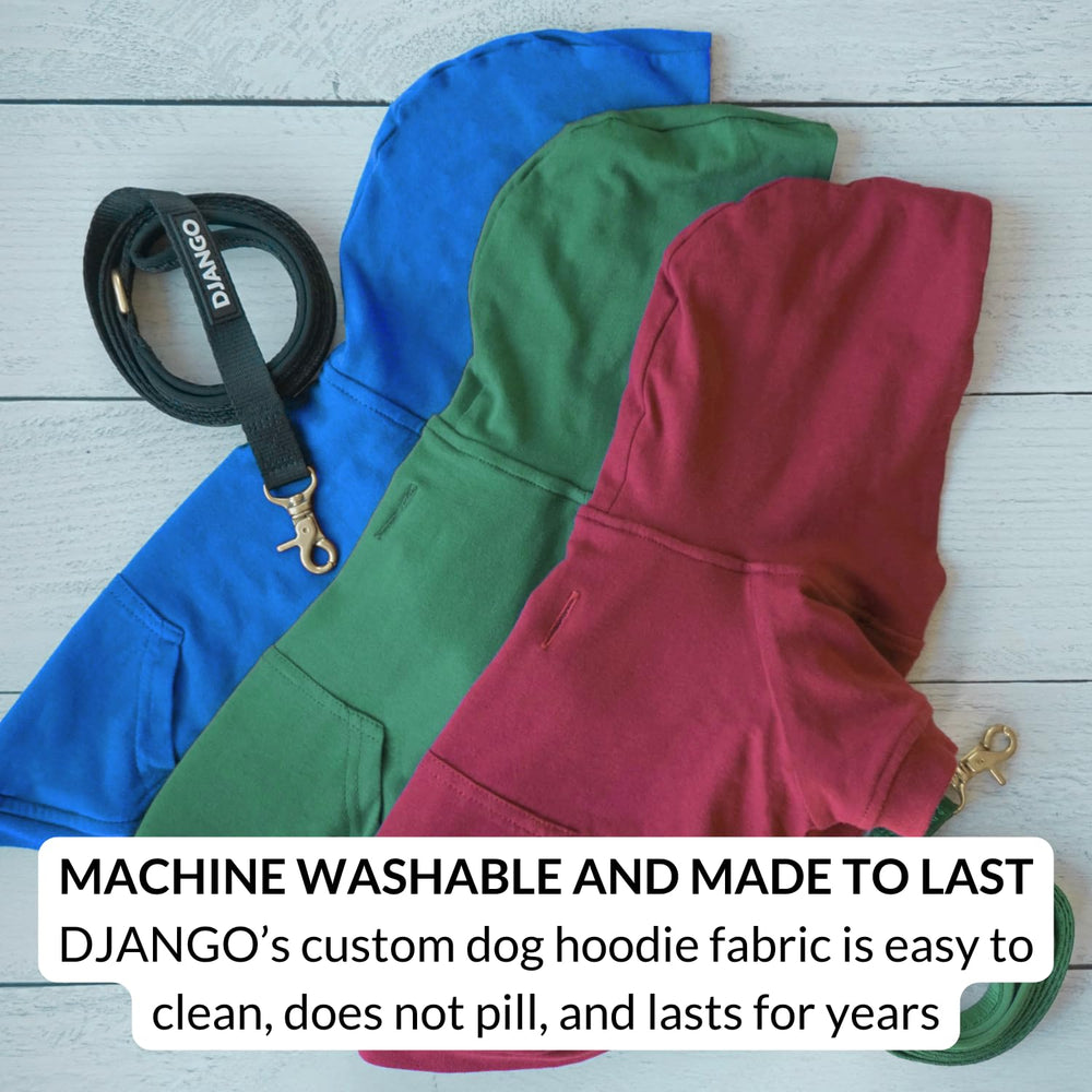 DJANGO dog hoodie belly cut keeps hoodie clean during potty breaks