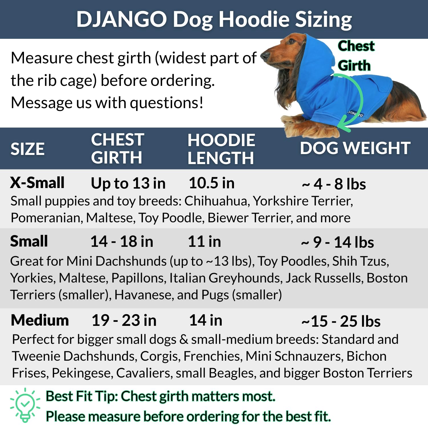 DJANGO dog hoodie size options; model demonstrates medium fit for dachshund
