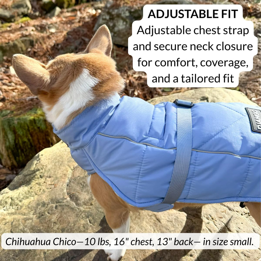 DJANGO dusk-blue harness-hole closeup demonstrates easy leash access without removing the coat