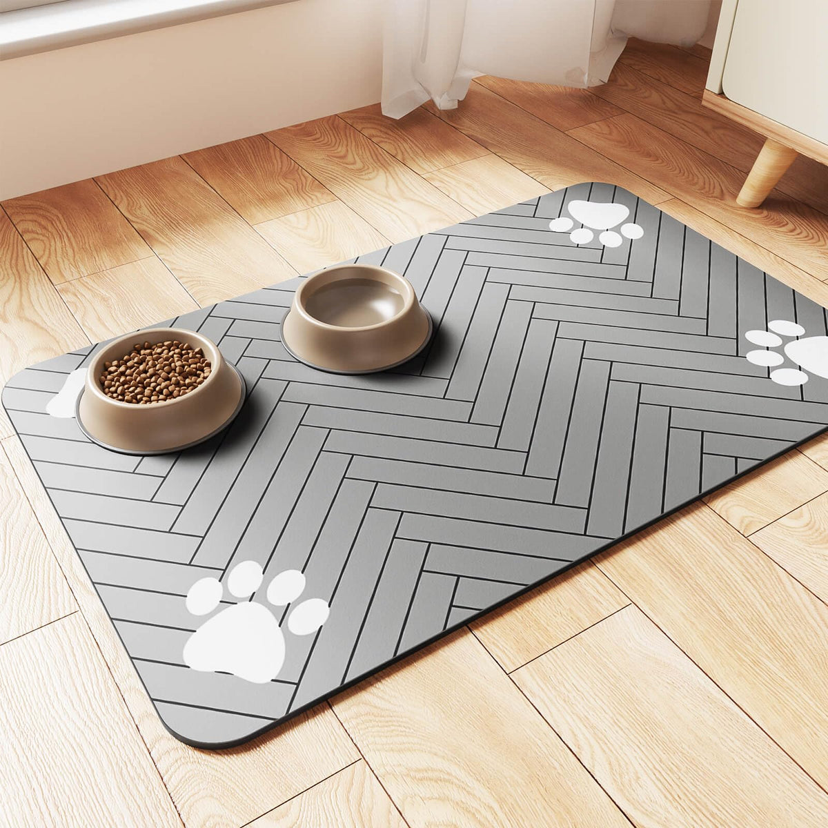 DK177 pet feeding mat absorbent stripes close-up shows spill absorption