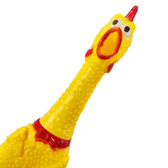 Dlh Western rubber chicken close-up shows bright yellow squeaker for playful mischief