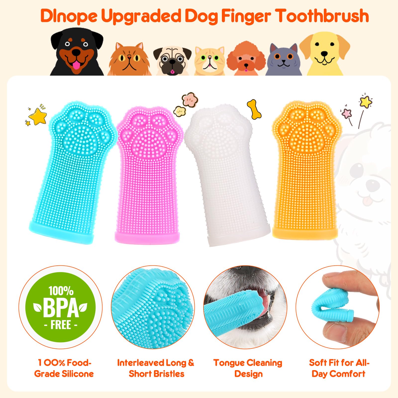 Dlnope dog finger toothbrush colors close-up highlights soft silicone bristles