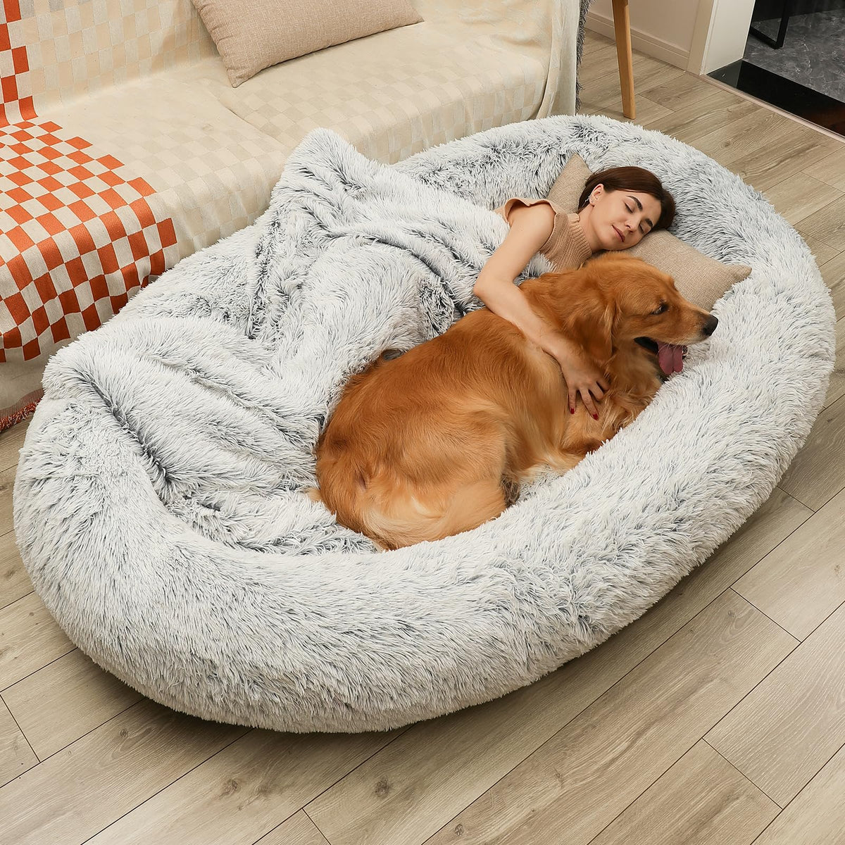 DMTINTA large dog bed setup shows ample space for you and pet lounging.