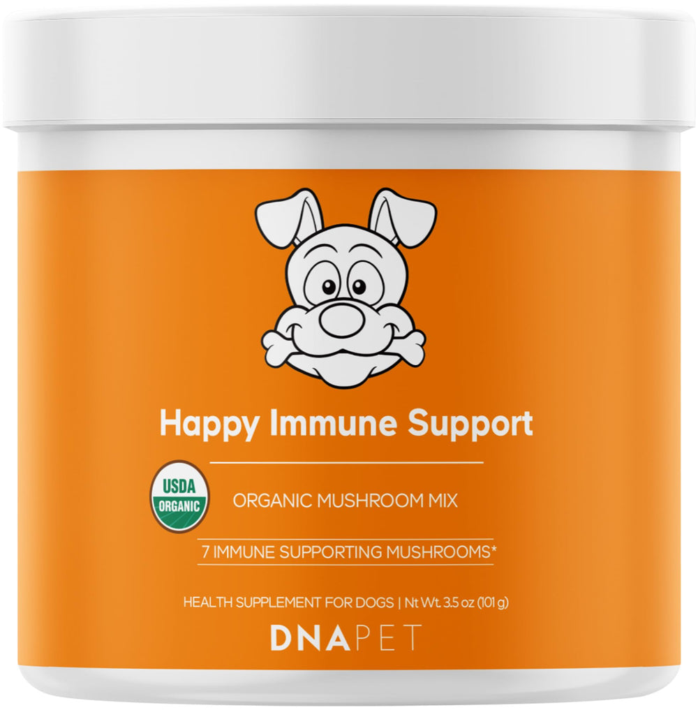 DNA PET Happy Immunity mushroom powder bottle showing organic blend for daily canine wellness
