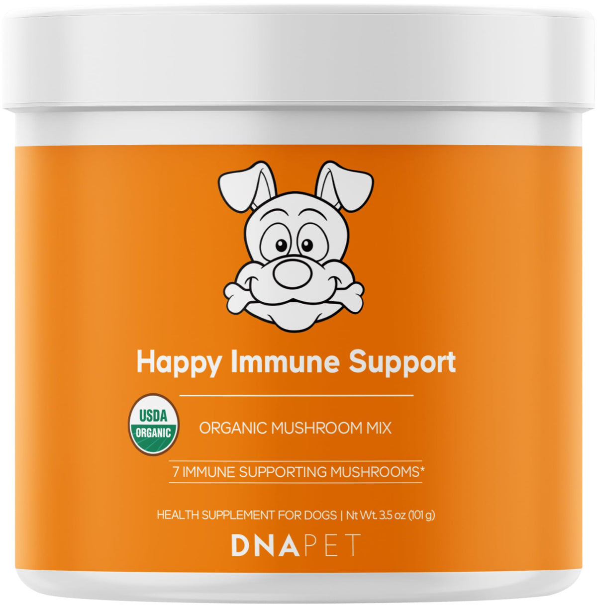 DNA PET Happy Immunity mushroom powder bottle showing organic blend for daily canine wellness