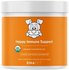 DNA PET Happy Immunity mushroom powder bottle showing organic blend for daily canine wellness