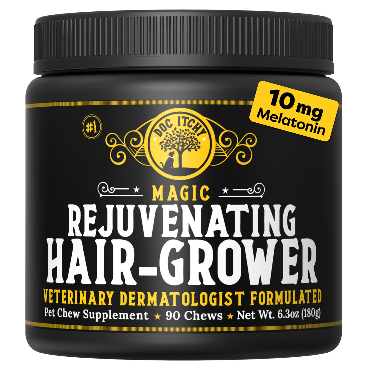 Doc Itchy dog chews front-pack showing vet-formulated hair growth support for healthier coats