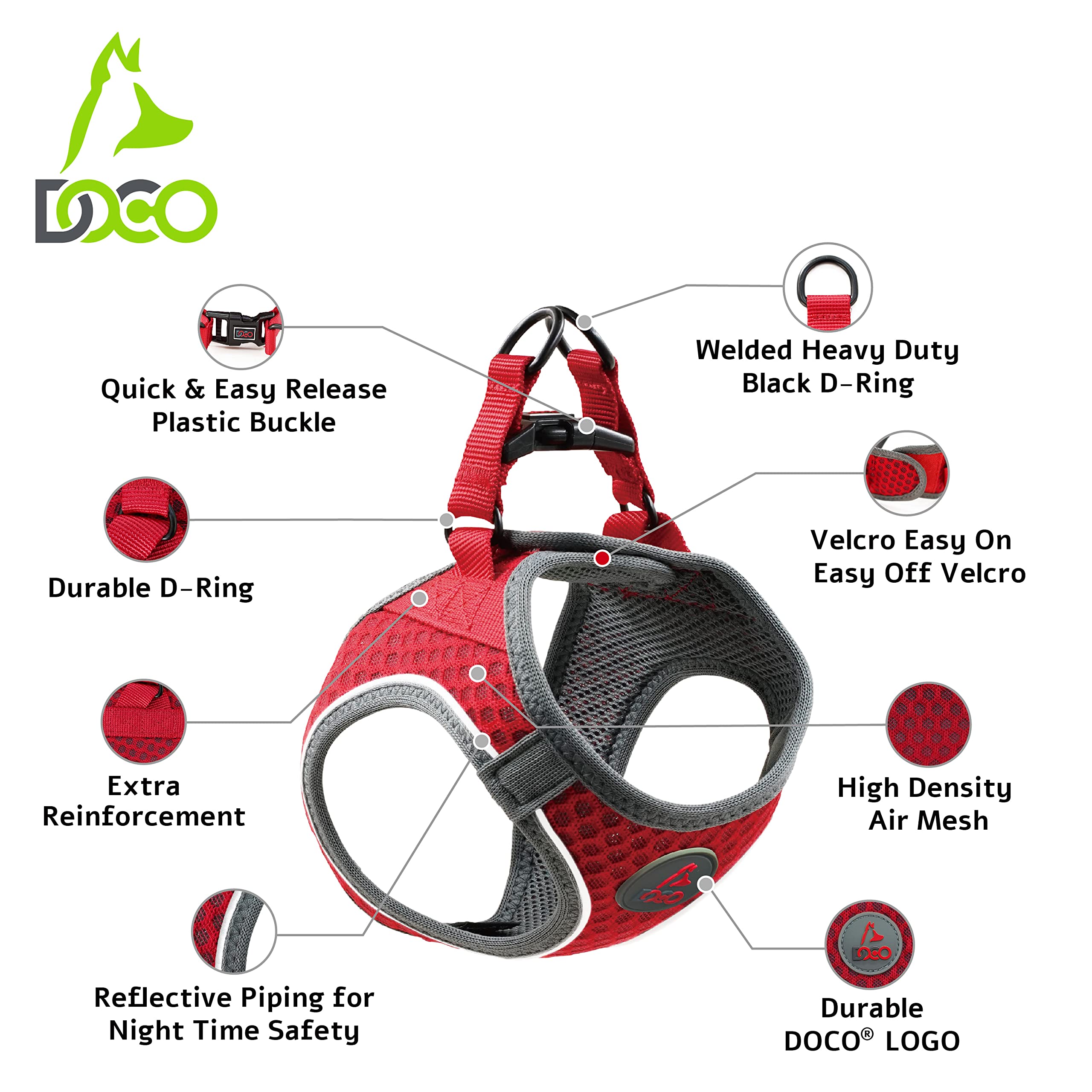 DOCO Athletica lime harness reflective piping close-up for night visibility