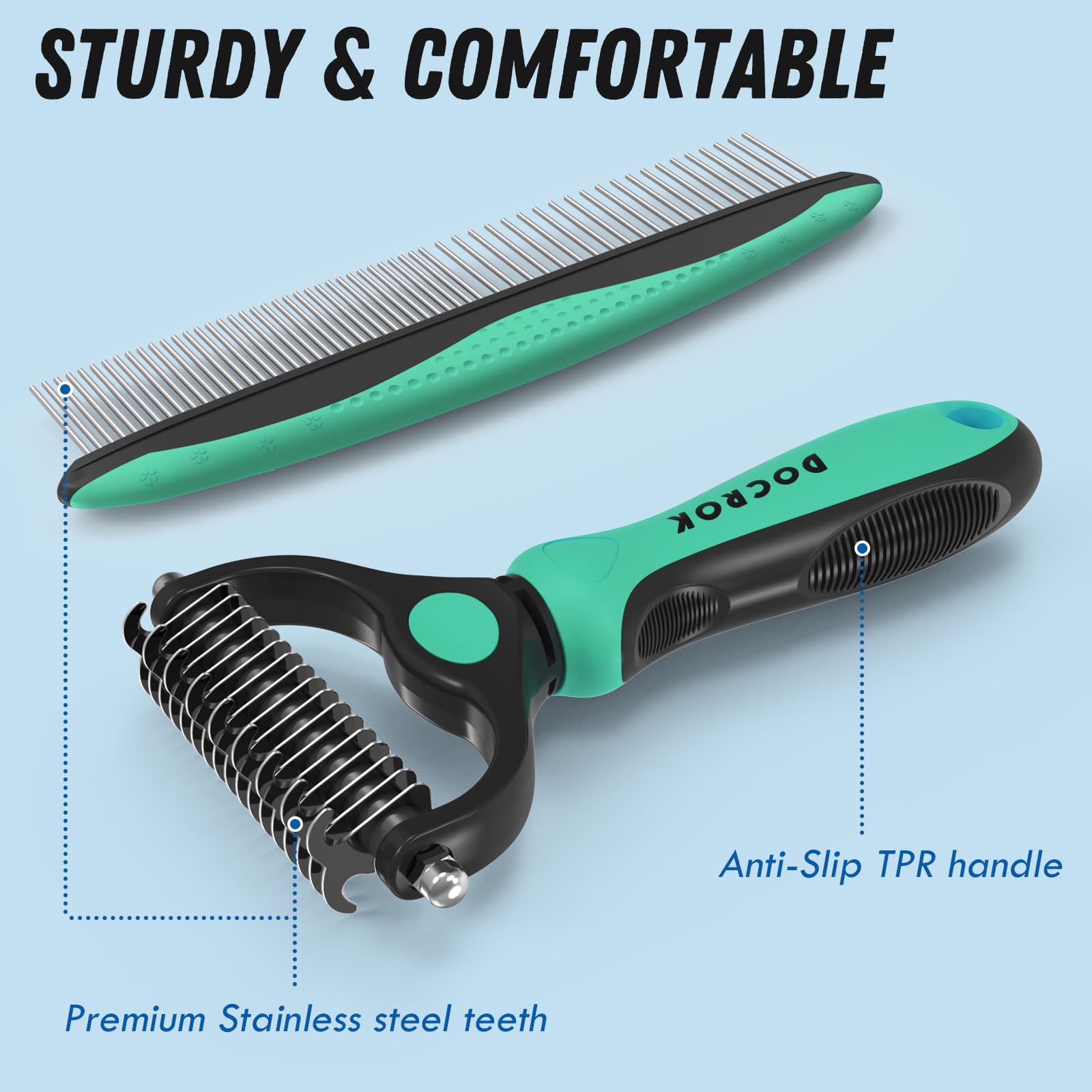 Docrok Ergonomic TPR Handle ensures comfortable grip during grooming sessions.