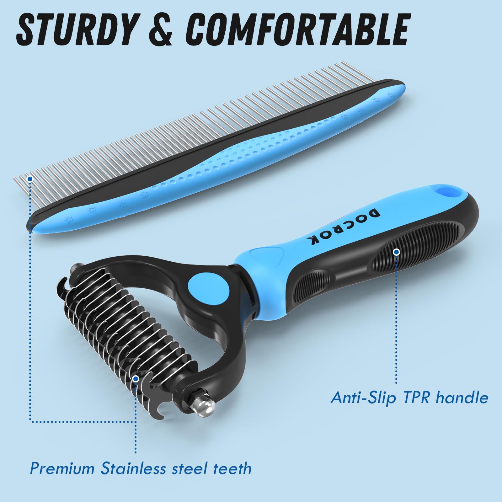 Docrok Pet Grooming Combo ergonomic TPR handle for comfortable grip.