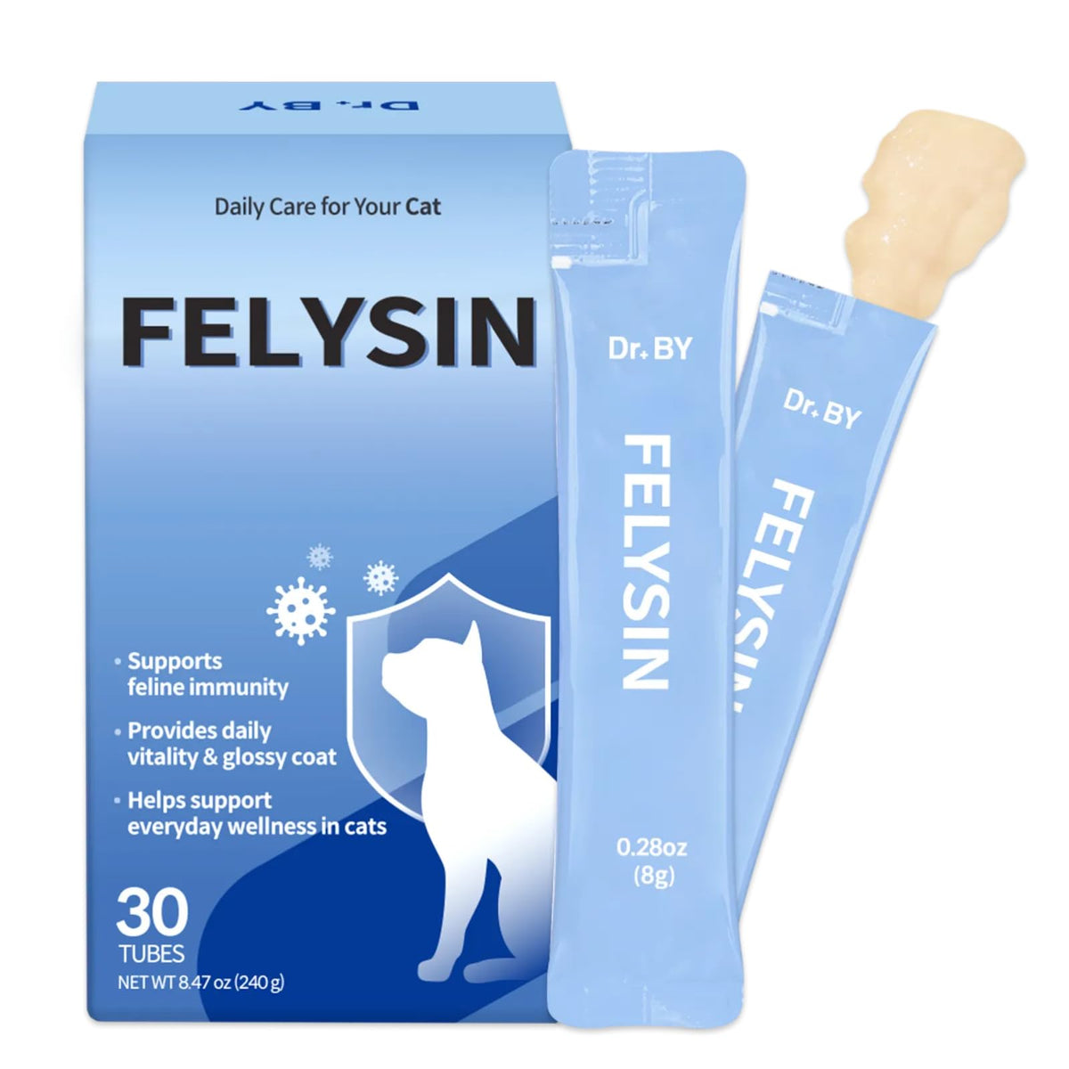 Doctor By Felysin bottle label shows feline immune support for respiratory comfort.