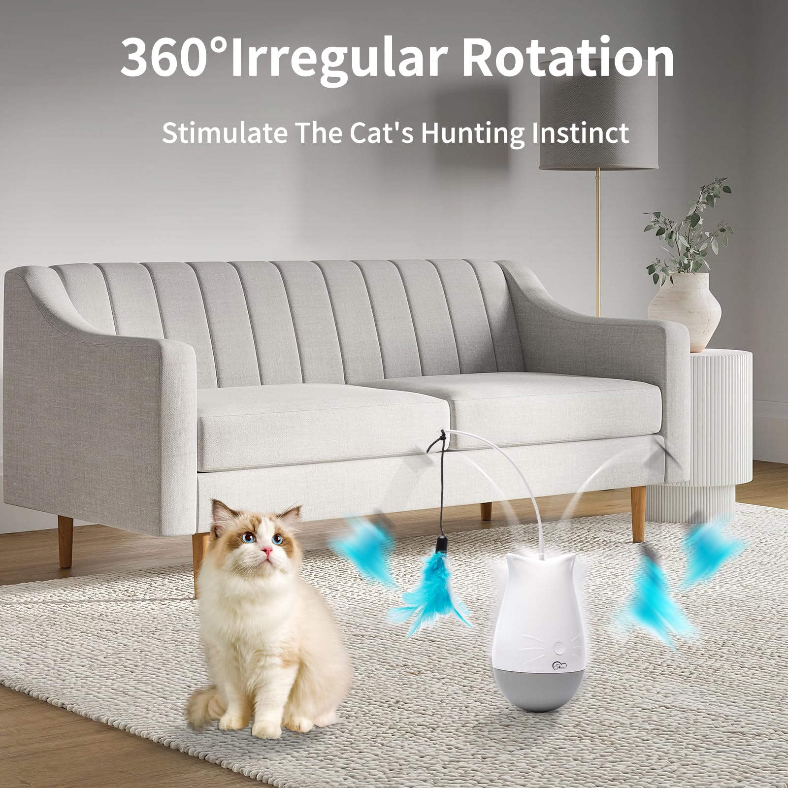 DOEL cat toy demonstrates 360 degree rotation for spontaneous chasing.