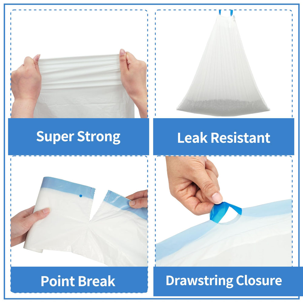 DOEL drawstring seal close-up demonstrates secure closure for odor control during disposal.