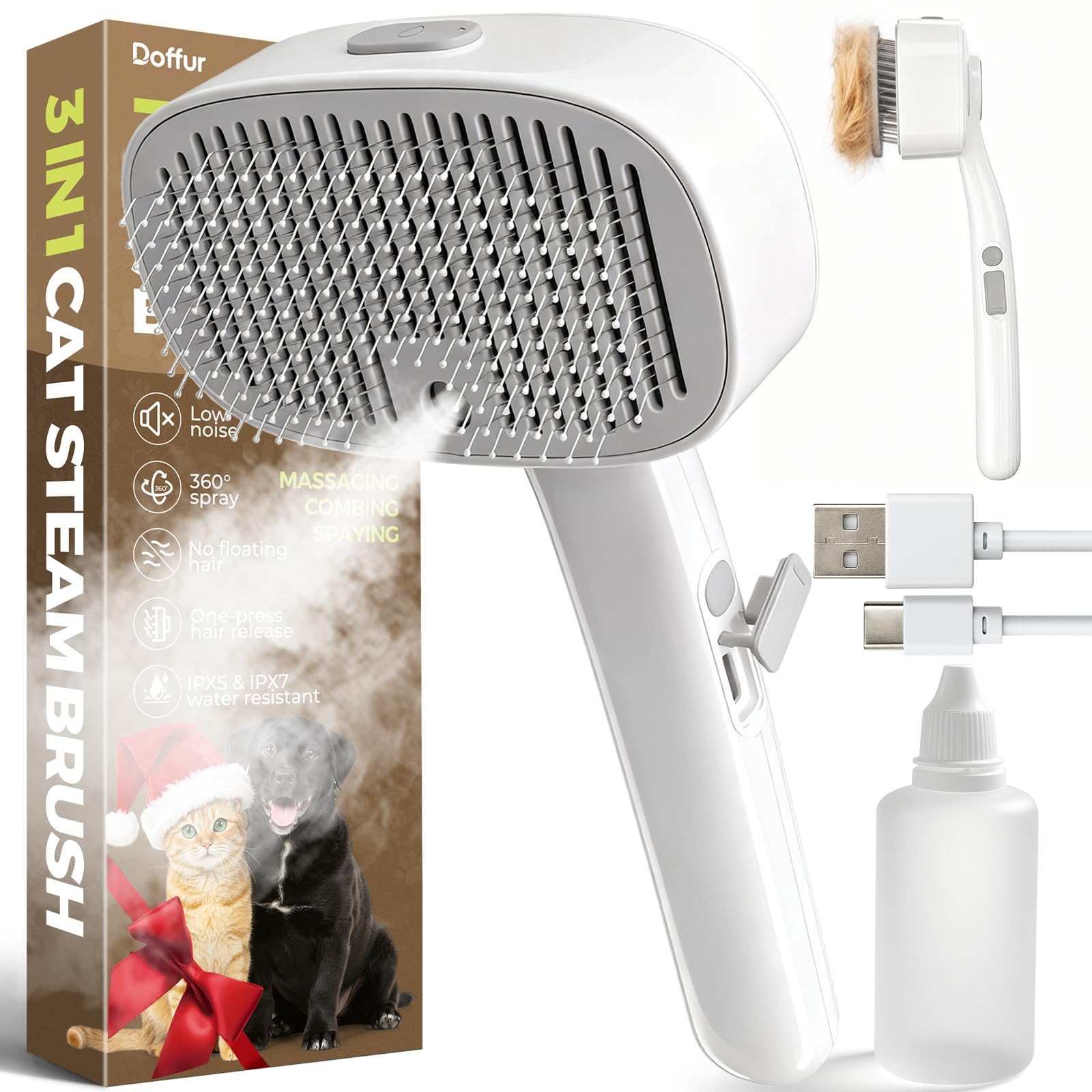 Doffur Cat Steam Brush mist-settings in action for sensitive coats and calm grooming sessions.