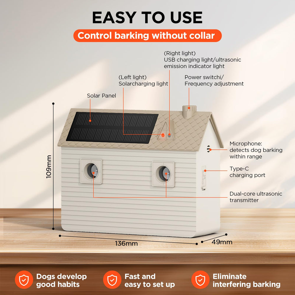 Dog bark deterrent solar panel powers continuous operation.