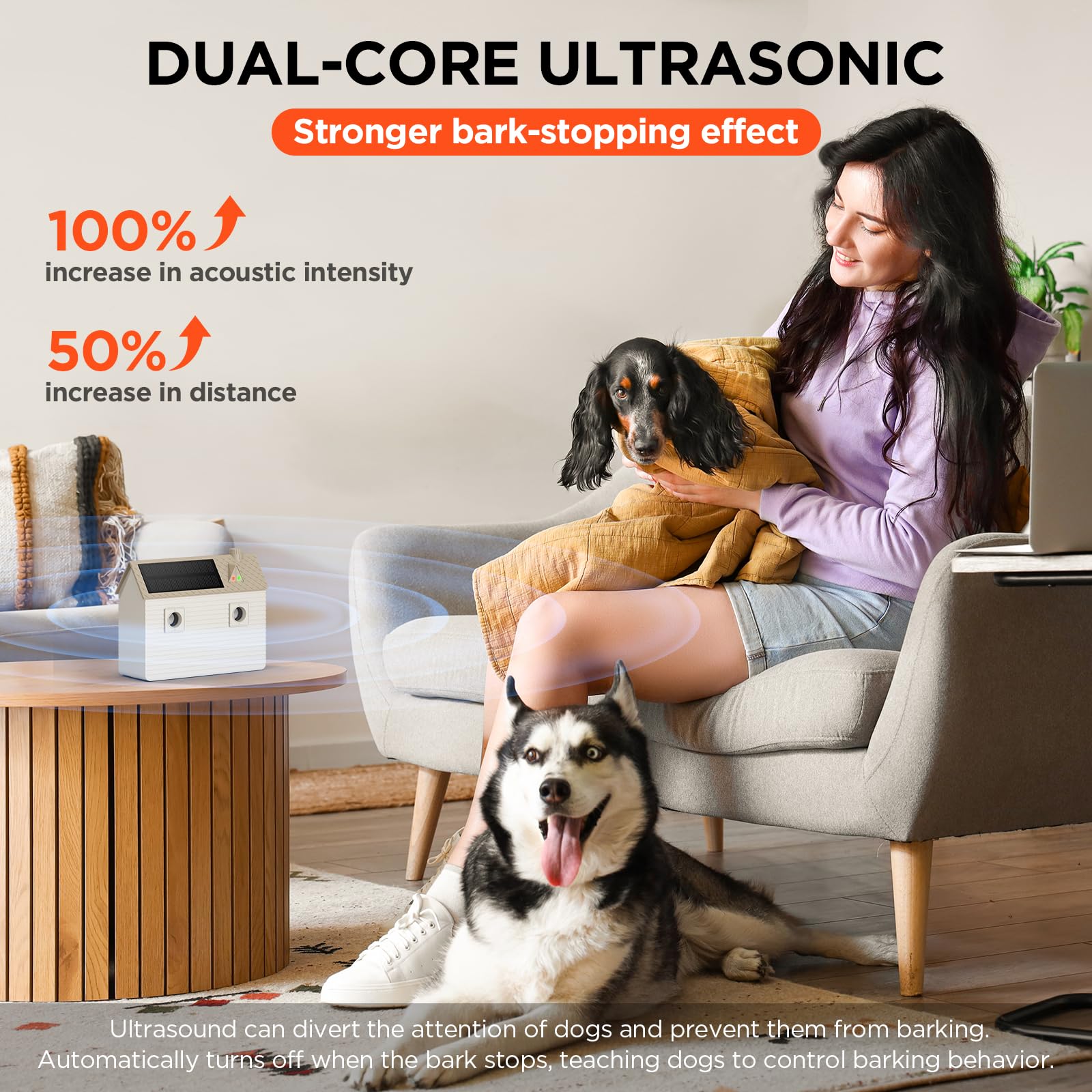 Dog bark deterrent three-mode setup allows tailored deterrence.