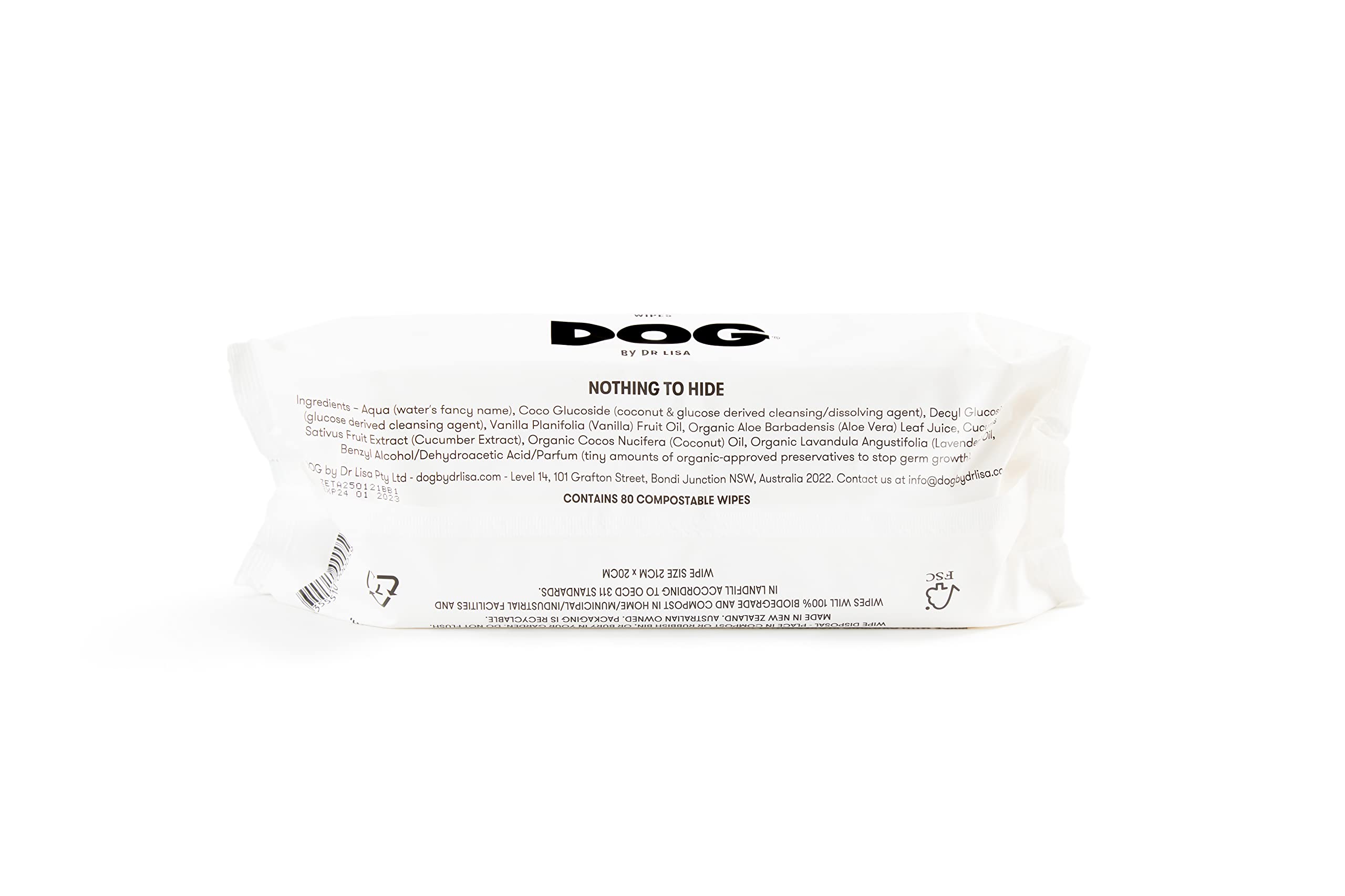 DOG by Dr Lisa wipes ingredients label highlights plant-based formula