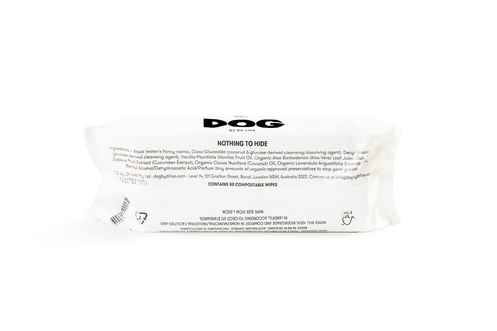 DOG by Dr Lisa wipes ingredients label highlights plant-based formula
