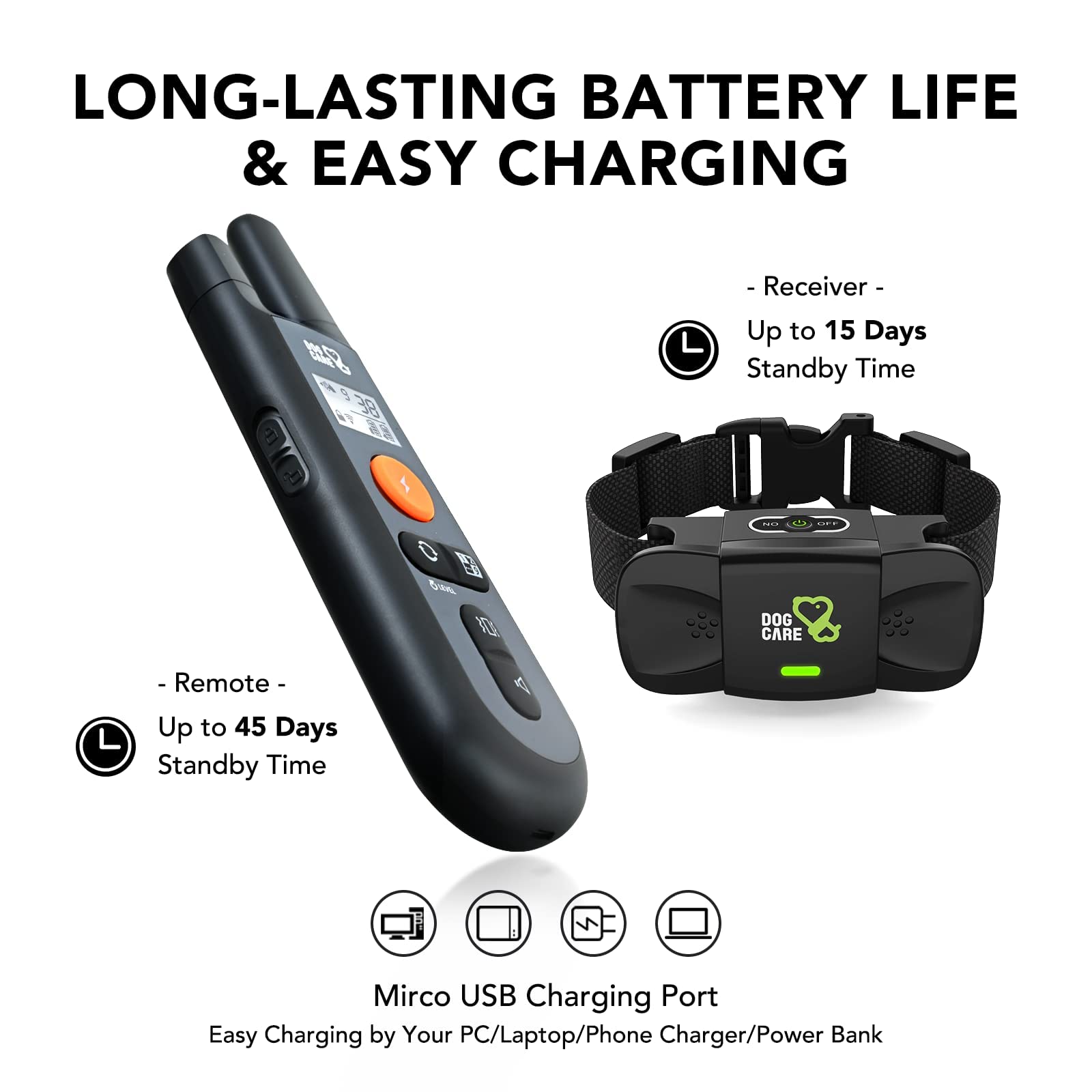 DOG CARE rechargeable battery and charging dock for extended training sessions
