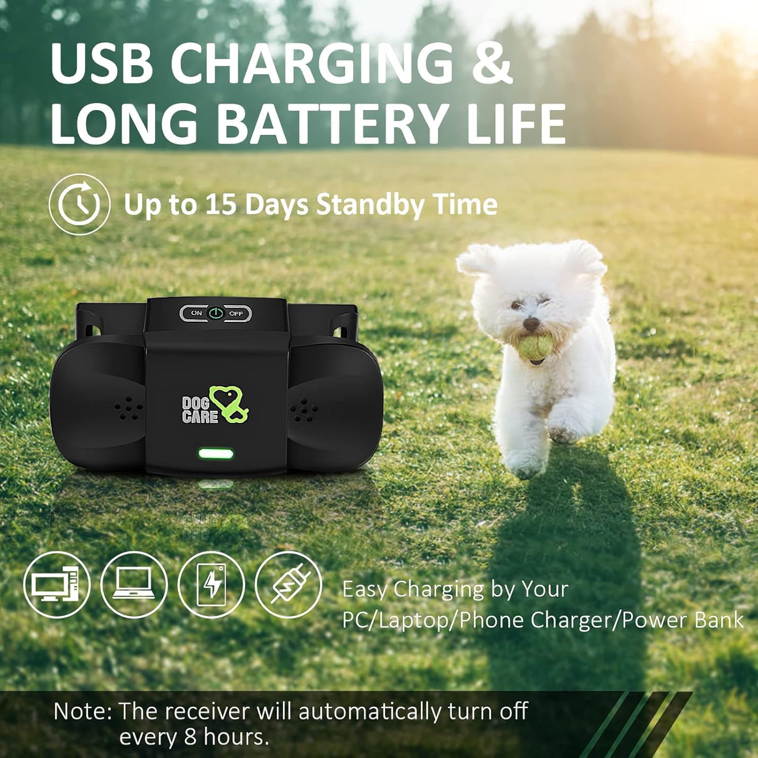 DOG CARE shock collar receiver battery status and long standby features.