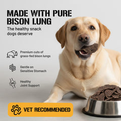 Dog Chits bison lung fillets image emphasizes chewy texture that helps fresh breath and gum care.